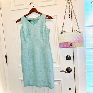 Talbots Tweed Knee Length Sleeveless Aqua Powder Blue Suit Dress (Jacket Avail.)